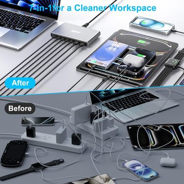 Зарядний пристрій USB-C 455W, 7 портів, GaN PD PPS, для MacBook, Dell, iPhone, Samsung, ноутбуків, планшетів, телефонів – Сірий