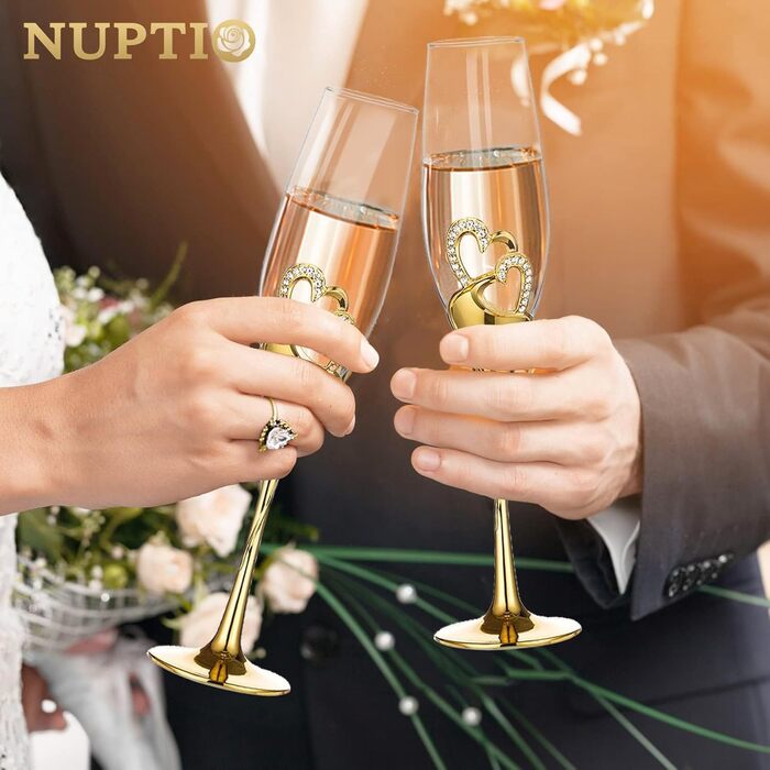 Кришталеві келихи для шампанського NUPTIO: 2 шт. для весілля, ювілею, подарунок нареченій та нареченому, золотий колір