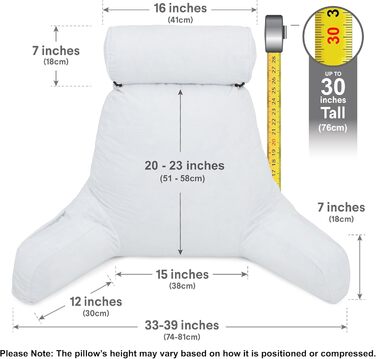 Подушка для чоловіка з підлокітниками - велика, для читання та відпочинку в ліжку. Висока спинка, преміум піна з пам'яті, знімна подушка для шиї на банджі. Білий колір | Оригінальна версія