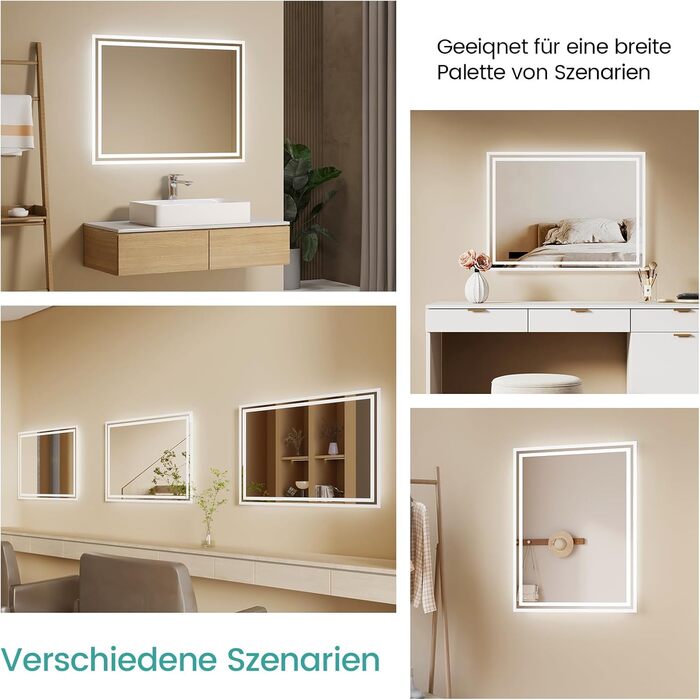 Дзеркало для ванної кімнати EMKE з підсвічуванням 40x60 см LED, антизапар, холодний/теплий білий, з кнопкою, алюмінієва рама, IP44, енергозберігаюче