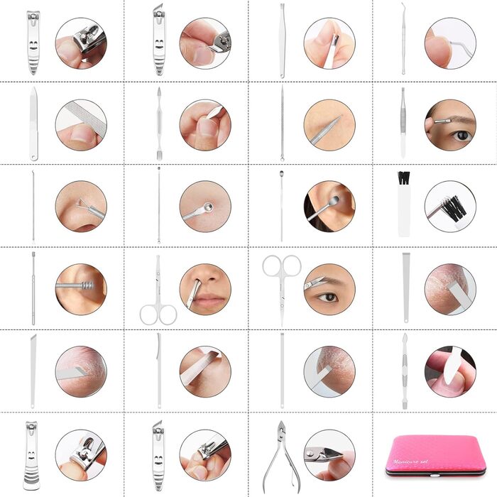 Набір для манікюру та педикюру 23 шт. Професійний набір для стрижки нігтів з нержавіючої сталі з подарунковою шкіряною сумочкою (Рожевий/Сріблястий)
