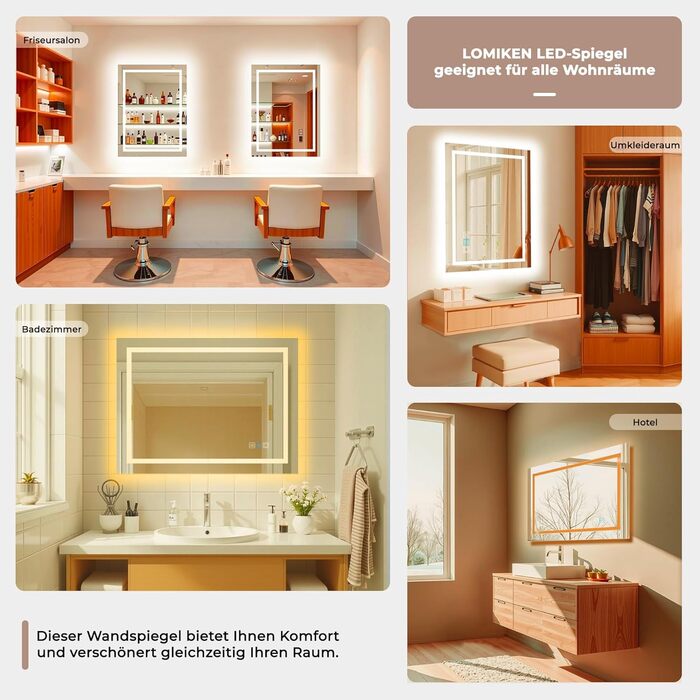 Дзеркало для ванної кімнати з підсвічуванням 60x50x3,5 см, LED, 6400K, біле світло, економія енергії, вертикальне/горизонтальне кріплення, антизапар, 3 колірні температури