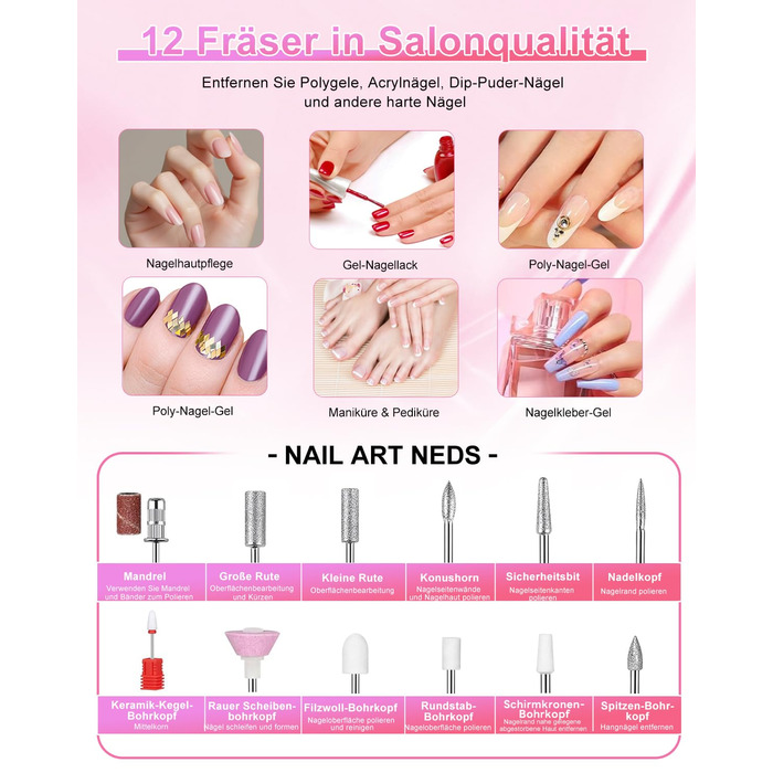 Електрична машинка для манікюру та педикюру CozyZen Professional: набір для догляду за нігтями з LCD-дисплеєм, керуванням рукою та ногою, тиха робота (рожевий)