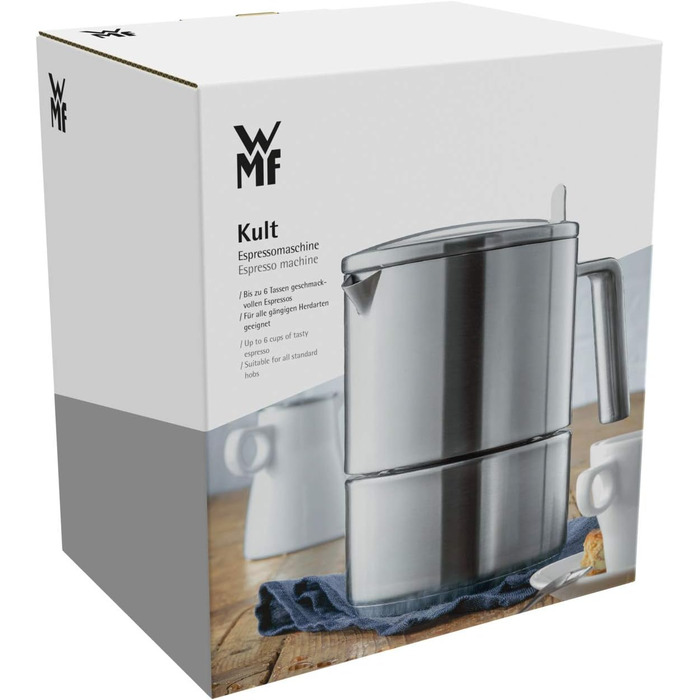 WMF Kult Espresso Maker 300ml, Espresso Machine for 6 Cups, Brushed Cromargan Stainless Steel, Induction, Dishwasher-Safe