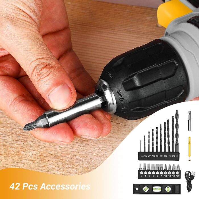 Акумуляторний шуруповерт-дрель DEKOPRO 8V 42шт з аксесуарами: ударний, LED-підсвітка, 12Nm, регулювання швидкості, для ремонту будинку (сірий)