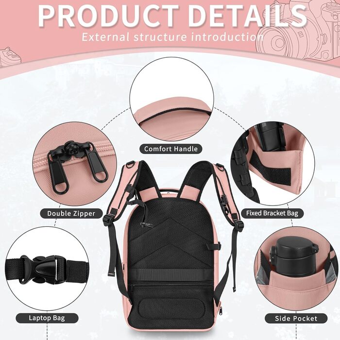 Рюкзак для фотокамери з жорстким корпусом, водонепроникний, ударостійкий, з відділенням для ноутбука 15,6 дюймів та кріпленням для штатива, сумісний з Canon/Nikon/Sony (Рожевий)