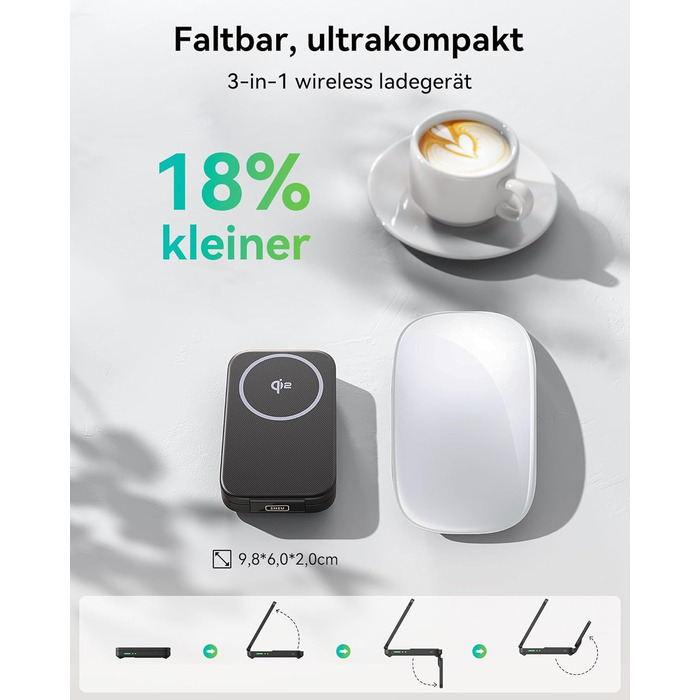 Станція зарядки INIU для iPhone 3 в 1, 15W, Qi2, магнітна, складна, MagSafe, для Apple Watch, iPhone 17/16/15/14/13/12, AirPods (з адаптером), чорна