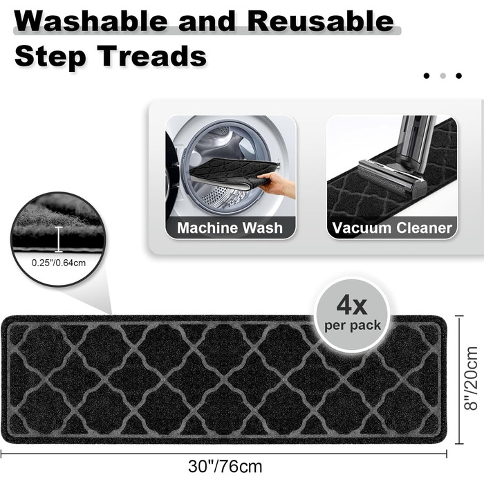 15 килимків на сходи 76x20 см, антиковзаючі, самоклеючі, для дітей, літніх людей та собак. Машинне прання, TPR-гумова підкладка (Чорний, 4 шт.)
