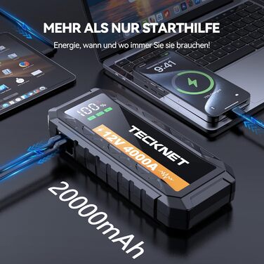 Powerbank для автомобіля TECKNET 4000A 12V: стартер, LED-ліхтарик, екран, кабель для авто, SUV, LKW, мотоциклів