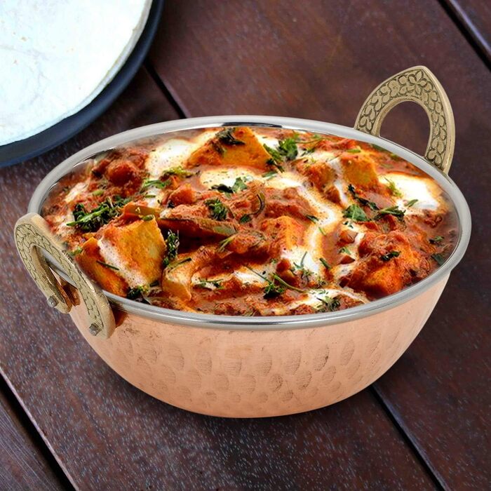 Zap Impex Traditional Indian Serving Bowl Copper Stainless Steel Hammered Karahi Indian Dishes and Portion Curry Serving Dishware for Household and Kitchen (15 cm) 400 ml 4-Piece Set