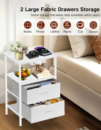 Стійка лампа для вітальні з поличкою та столиком, диммування LED, пульт керування, 3 колірні температури, приліжний столик з підзарядкою, дерев'яний столик для спальні/офісу (білий з шухлядами)