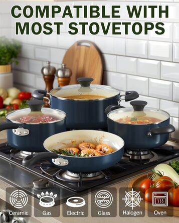 Набір посуду Cook N Home 10 предметів: каструлі та сковороди з антипригарним покриттям, кераміка, блакитний