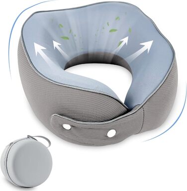 Travel Memory Foam Neck Pillow with Storage Box - Orthopedic Support for Airplane, Car, Train - Gray