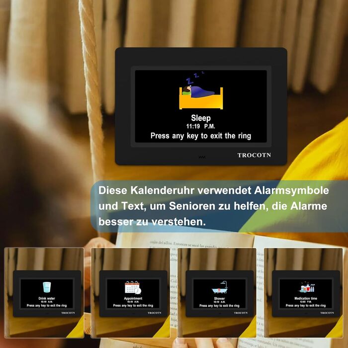 Цифровий календар-годинник для людей похилого віку TROCOTN, 7 дюймів, із відображенням дати та дня тижня, чорний