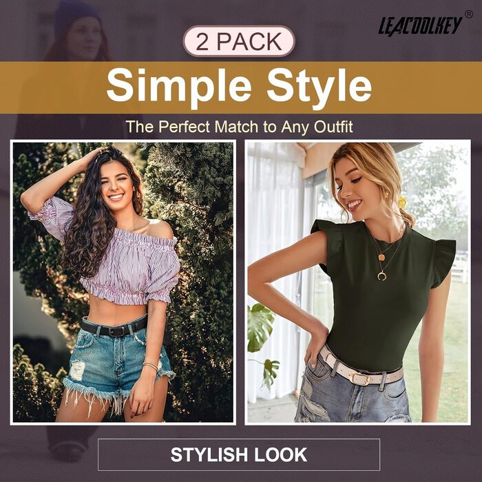 LEACOOLKEY: 2 жіночі шкіряні ремені з пряжкою Gold, для джинсів та штанів, чорний+бежевий, XXL, розмір 117-127 см