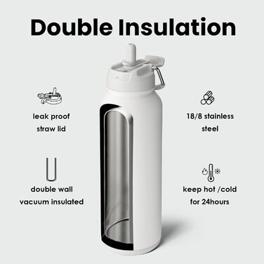 BOTTLE BOTTLE Insulated Water Bottle with Straw, Sports Stainless Steel Water Bottle with Handle Lid, Outdoor Sports Bottle for Pills, 1L (White)