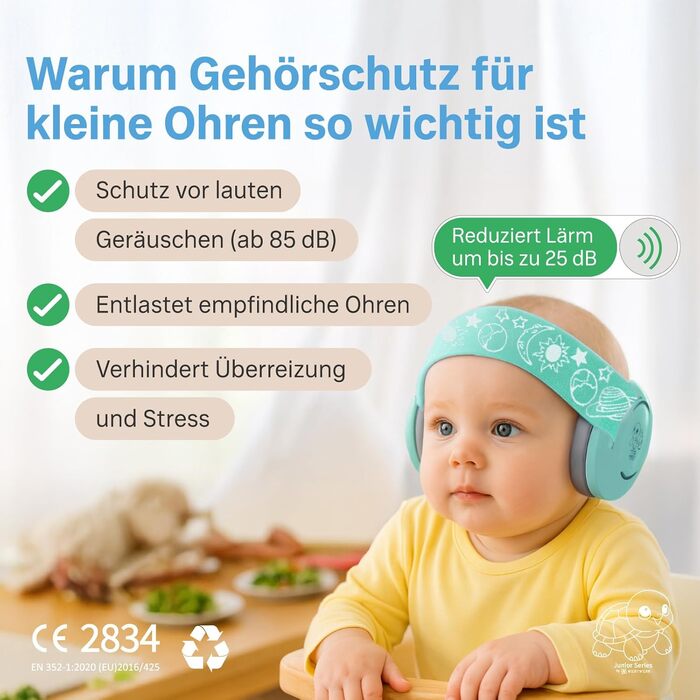 Навушники для захисту вух дитини 3-7 років (білий/зелений) - Комфортні, CE-сертифіковані, без тиску на джерельце. Захист від шуму для концертів, подорожей та повсякденного використання.