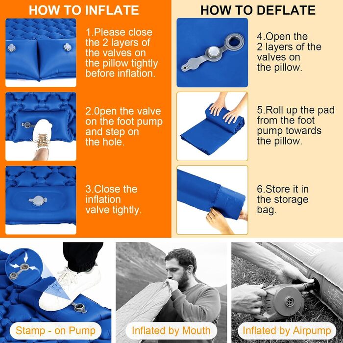 Двоспальний килимок для кемпінгу, самонадувний, 10.2 см, з подушкою, інтегрована фумпочка, для 2 осіб, блакитний