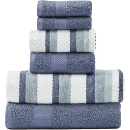 Modern Threads Pax 6-Piece Reversible Dyed Jacquard Towel Set – Bath Towels, Hand Towels, and Washcloths – Super Absorbent and Quick Drying – 100% Combed Cotton, Denim