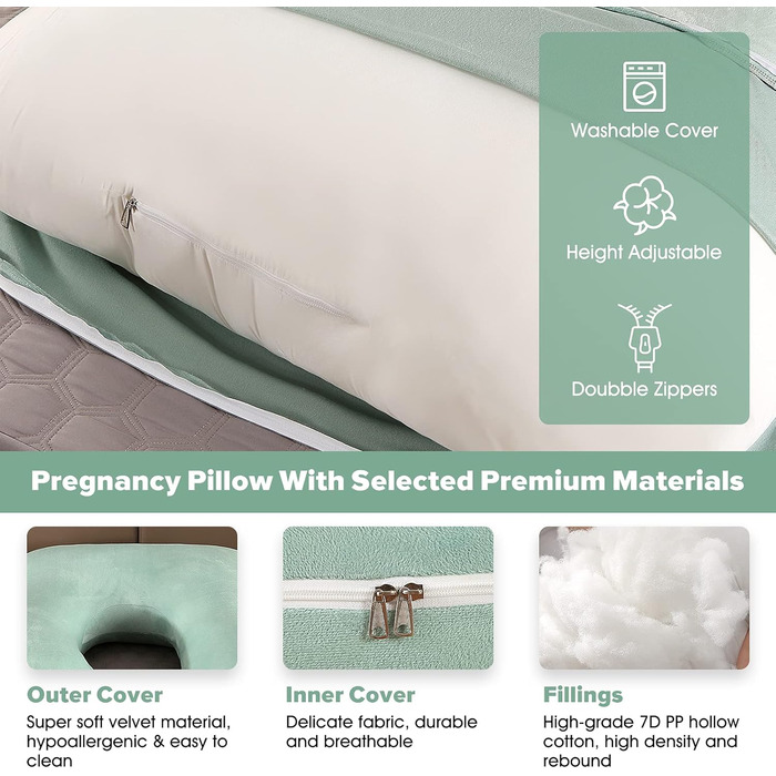 Подушка для вагітних Elover U-подібної форми, 144 см, знімний чохол, зелений велюр