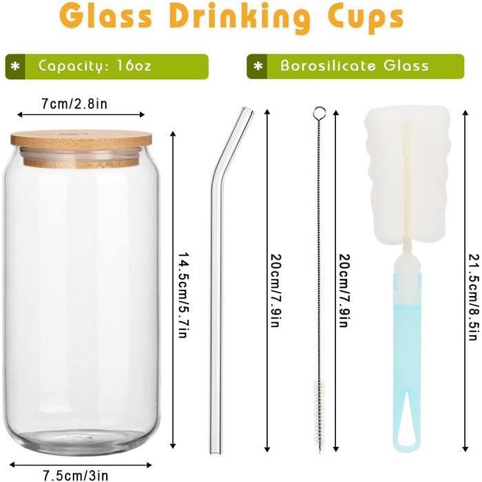 ZgoEC 16oz Cocktail Glasses Set, Drinking Glasses with Lid and Straw, 6pcs Can-Shaped Highball Glasses Set, Glasses with Lid and Straw, Coffee Cups Glass Cups with Straw, Gift