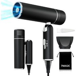 Фен для волосся 7MAGIC з концентратором, компактний туристичний, 1600W, захист від перегріву, іонізація 300 млн., для всіх типів волосся, зелено-чорний