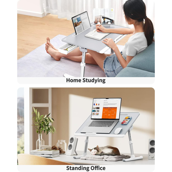 Столик для ноутбука SAIJI 60x45 см, регульована висота, з підставкою для книг, ящиком та кріпленням для планшета. Ідеально для роботи, читання та сніданку.