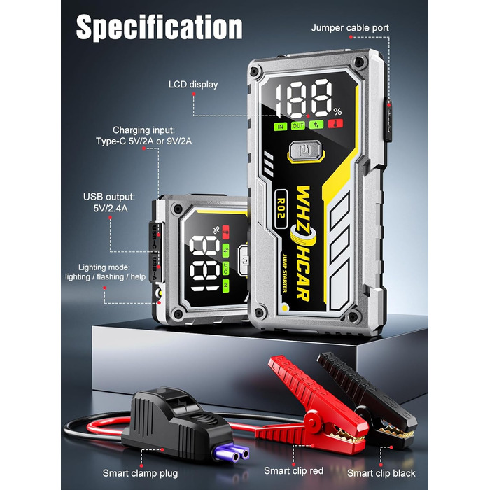 Powerbank Starthilfe 5000A з LCD екраном для автомобіля 12V. Зарядний пристрій для акумулятора авто з LED ліхтариком, підходить для 10л бензину або 9л дизеля. Срібний колір.