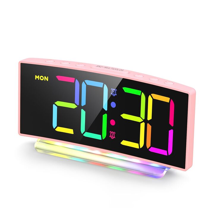 Цифровий LED будильник з RGB нічником (7 кольорів), мережевий будильник з 2 сигналами, функцією Snooze, регулюванням гучності та яскравості, 12/24г (Рожевий)
