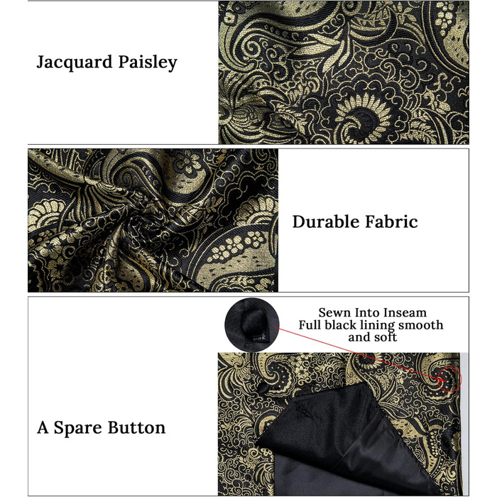 Костюмний жилет DiBanGu (5 шт.): жилет, краватка, нагрудна хустинка, запонки, кільце для краватки. Зелений/Чорний (L, Золото/Чорний)