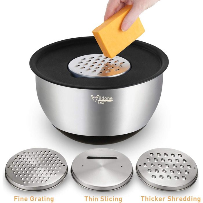 Mixing Bowls 5-Piece Set, Wildone Stainless Steel with Airtight Lids, 3 Grater Attachments, Measuring Markings, and Non-Slip Bottoms, Sizes 5, 3, 2, 1.5, 0.63 QT, ideal for mixing and serving