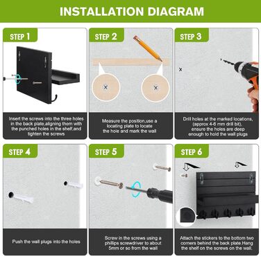 Дерев'яне ключниця на стіну з полицею, чорний колір, 5 гачків, для прихожої, спальні, вітальні