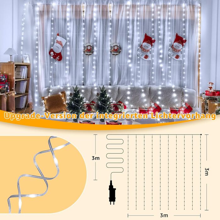 Льодосвітний штора-гірлянда для декору приміщень та вулиці, 3x3м, 300 LED, 8 режимів, IP67, пульт, таймер, димування, для декору на Різдво, двері, стіни, вечірки, вікна, балкон (тепле біле світло)