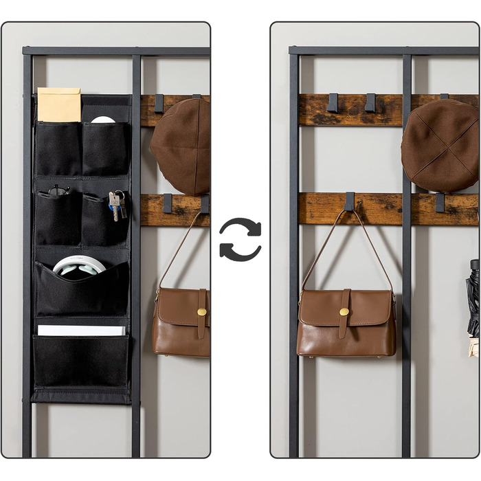 HOOBRO Coat Rack, Wardrobe, Clothes Rack with 6 Pockets and 9 Hooks, Shoe Shelf with Seating, Bench, Ample Storage Space, for Entryway, Living Room, Vintage Brown-Black EBF24MT01