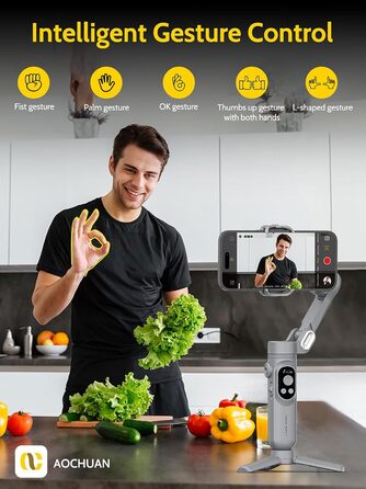 Стабілізатор для смартфона AOCHUAN з 3 осями, з функцією розпізнавання облич, вбудованим світлом, 1/4