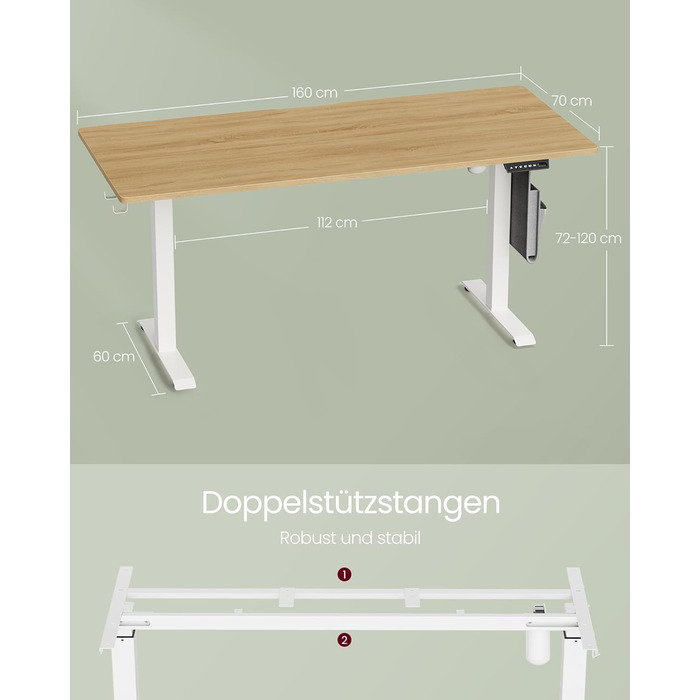 VASAGLE Electric Height Adjustable Desk - 60x120cm, Memory Function, Wood & Steel Frame
