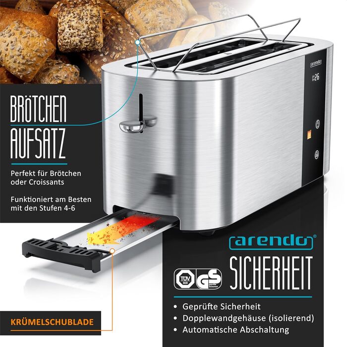 Тостер Arendo з нержавіючої сталі, 4 слоти, сенсорний екран, подвійні стінки, 1500 Вт, підставка для булочок, 6 ступенів підсмажування, центрування хліба, таймер, пам'ять, колір: сталевий