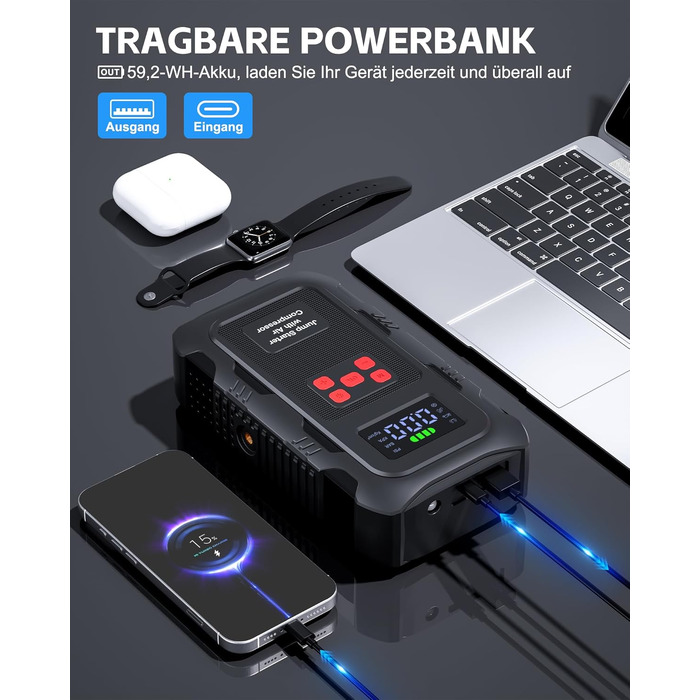 Пусковий пристрій Povasee Jump Starter 9000A з компресором 150 PSI та павербанком, автомобільний бустер 12V для бензинових та дизельних авто, з ліхтарем (Чорно-червоний)