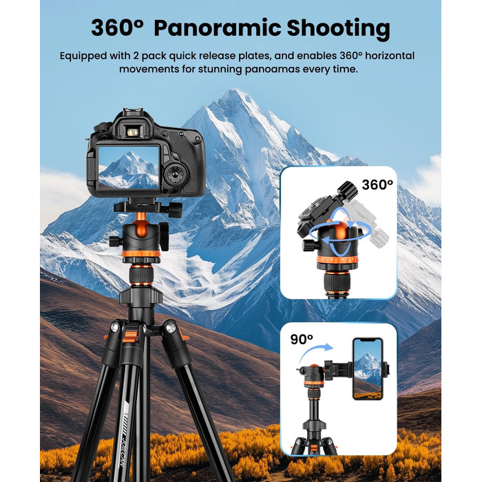 Штатив для камери JOILCAN з алюмінію, 168 см, міцний туристичний штатив з поворотним голковим кріпленням 360° та тримачем для телефону, вантажопідйомність 8 кг, для DSLR Canon Nikon Sony, штатив для iPhone/Smartphone