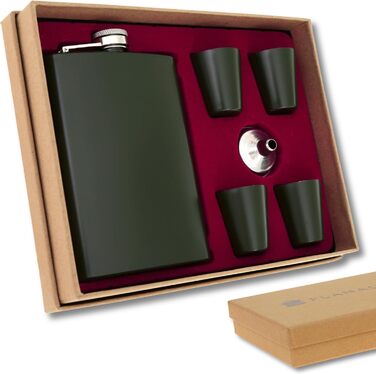 Набір фляга з нержавіючої сталі з келихом та воронкою • Військовий дизайн • Зелений • 9 oz / 265 ml • Для піших прогулянок