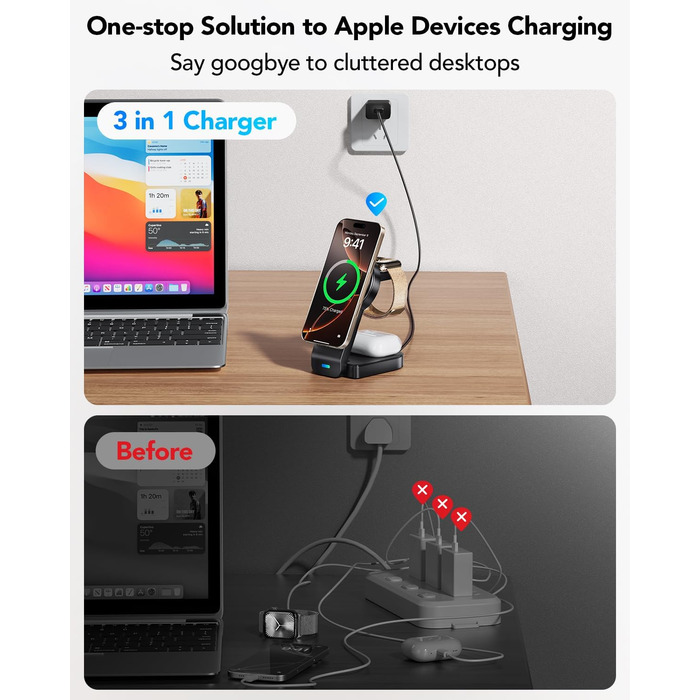 Магнітна складана бездротова зарядка 3-в-1 для Apple iPhone, iWatch, AirPods (Чорний)