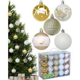 Набір 40 прикрас на ялинку, 6 см, червоно-білі, пластик, з підвісками, міцні, різні поверхні та візерунки, для внутрішнього та зовнішнього використання