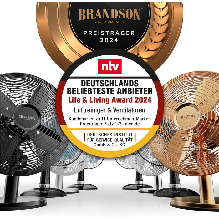 Настільний вентилятор Brandson з мідним дизайном: 3 швидкості, осциляція 80°, кут нахилу 40°, металевий корпус