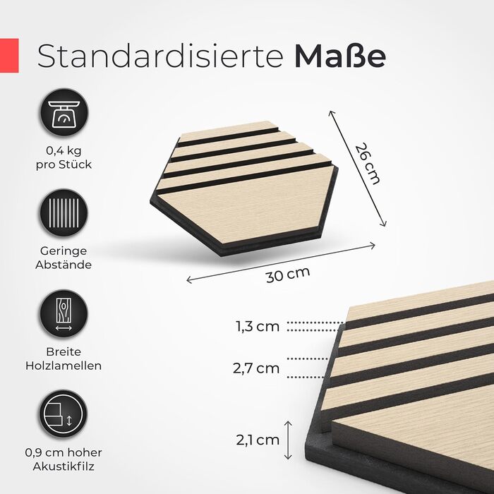 Акустичні панелі з натурального дерева горіх, самоклеючі 3D гексагони для шумоізоляції стін (набір 9 шт, 30x26 см, чорний фетр)