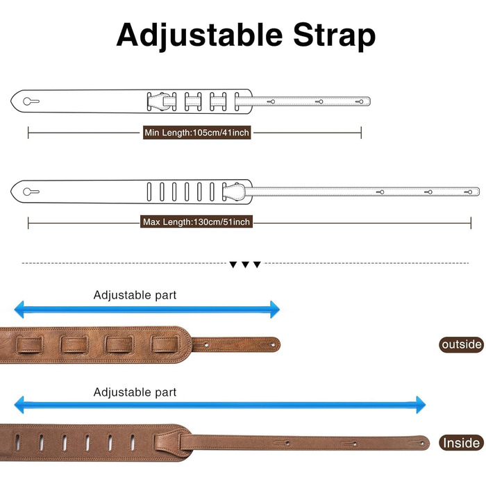 Шкіряний ремінь для гітари Lekato з товстою амортизуючою подушкою, універсальний для бас, електро-, акустичної та класичної гітари, регульований, довжина 41-51 см (колір коричневий)