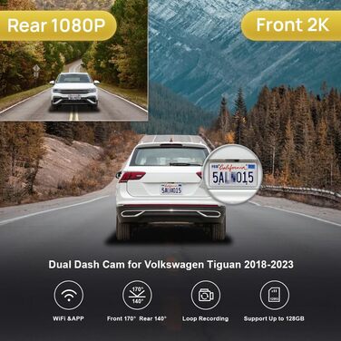 Автовідеореєстратор Fitcamx 4K UHD для VW Tiguan 2016-2024, OEM-стиль, WiFi, G-сенсор, паркувальний монітор, Plug & Play, з картою пам'яті 64ГБ (передній 2K, задній 1080P)