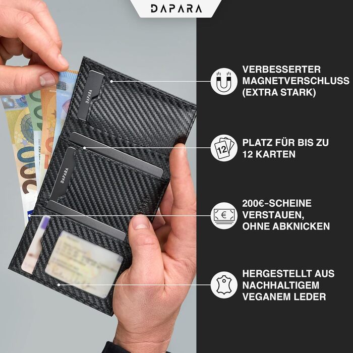 Чоловічий гаманець DAPARA: тонкий, з відділом для монет та RFID-захистом, вміщує 12 карт, карбоновий червоний колір