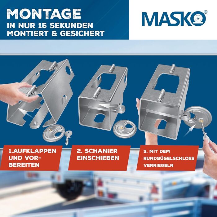 Замок для причепа MASKO® з дужкою, протиугінний замок для причепів та караванів, сріблястий, зі штифтовим механізмом, з ключем і захисною кришкою
