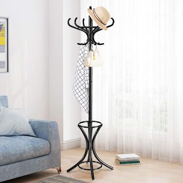 COSTWAY 184cm Wardrobe Rack with Umbrella Holder, Coat Rack with 12 Clothes Hooks, Clothes Rack made of Wood, Freestanding Coat Rack for Entryway, Living Room and Bedroom (Black)