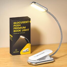 Glocusent Posh Premium Лампа для читання з кріпленням на книгу та таймером, 16 LED, акумулятор, час роботи 160 годин, 1800K, м'яке світло, 3 кольори та 5 рівнів яскравості, ідеально для читачів